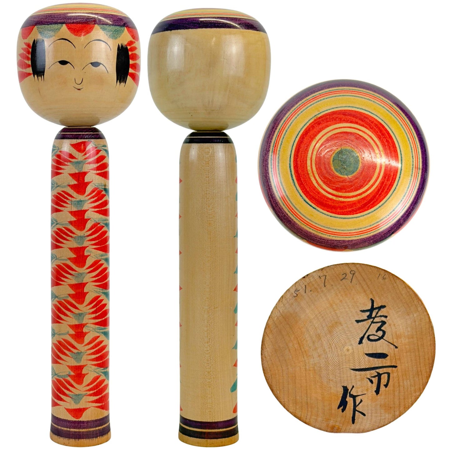Traditionelles Naruko Kokeshi von Hikoji Sato mit Vorder-, Rück-, Ober- und Unteransicht.