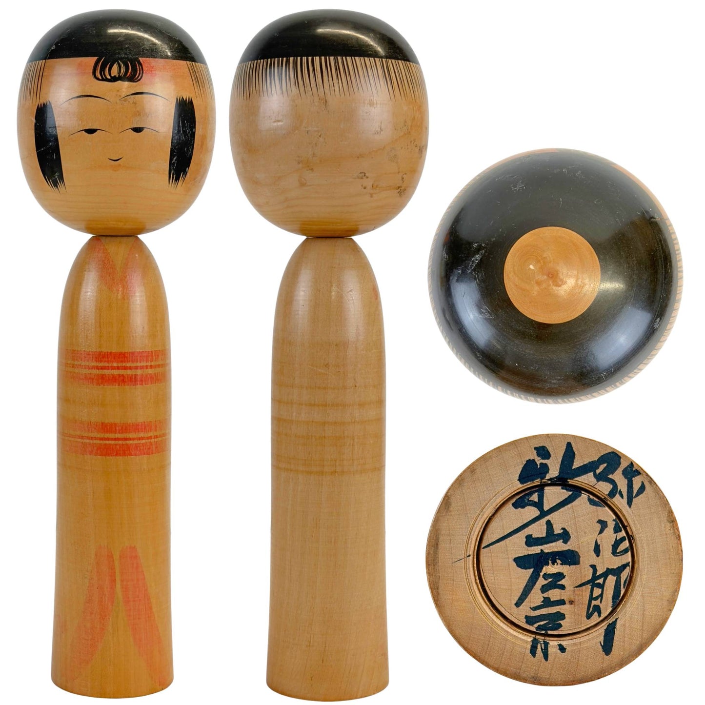 Traditionelles Naruko Kokeshi von Tomohiro Kakizaki mit Vorder-, Rück-, Ober- und Unteransicht.