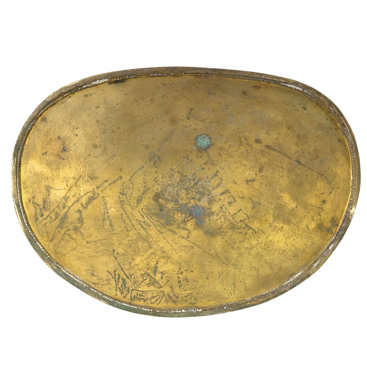 Originale Grundplatte eines antiken Newar Bhaisajyaguru aus versilberter Bronze mit eingraviertem Doppel-Vajra (Vishvavajra), natürlichen Gebrauchsspuren, alten Gebrauchsspuren und authentischer Patina.