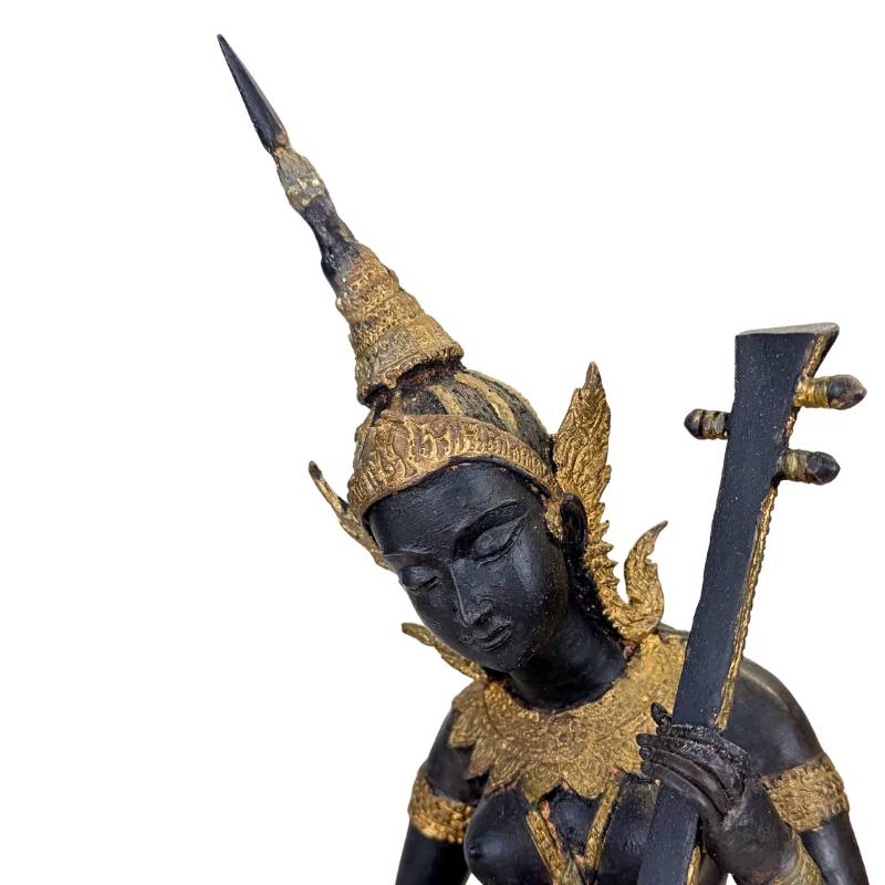 Thailändischer Musiker Statue Bronze – Gold Schwarz Patina Tempelfigur