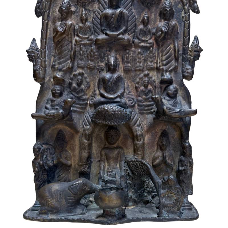 Antikes bronzenes Mucalinda-Buddha-Tempelrelief – Indien/Nepal Himalaya-Stil – ca. 1880–1920 – Symbol für Schutz und spirituellen Rückzugsort