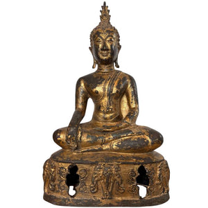 Museumswürdiger Lanna Buddha aus dem 18. Jahrhundert – Feuervergoldete Bronze – Elefantenbasis – 43 cm