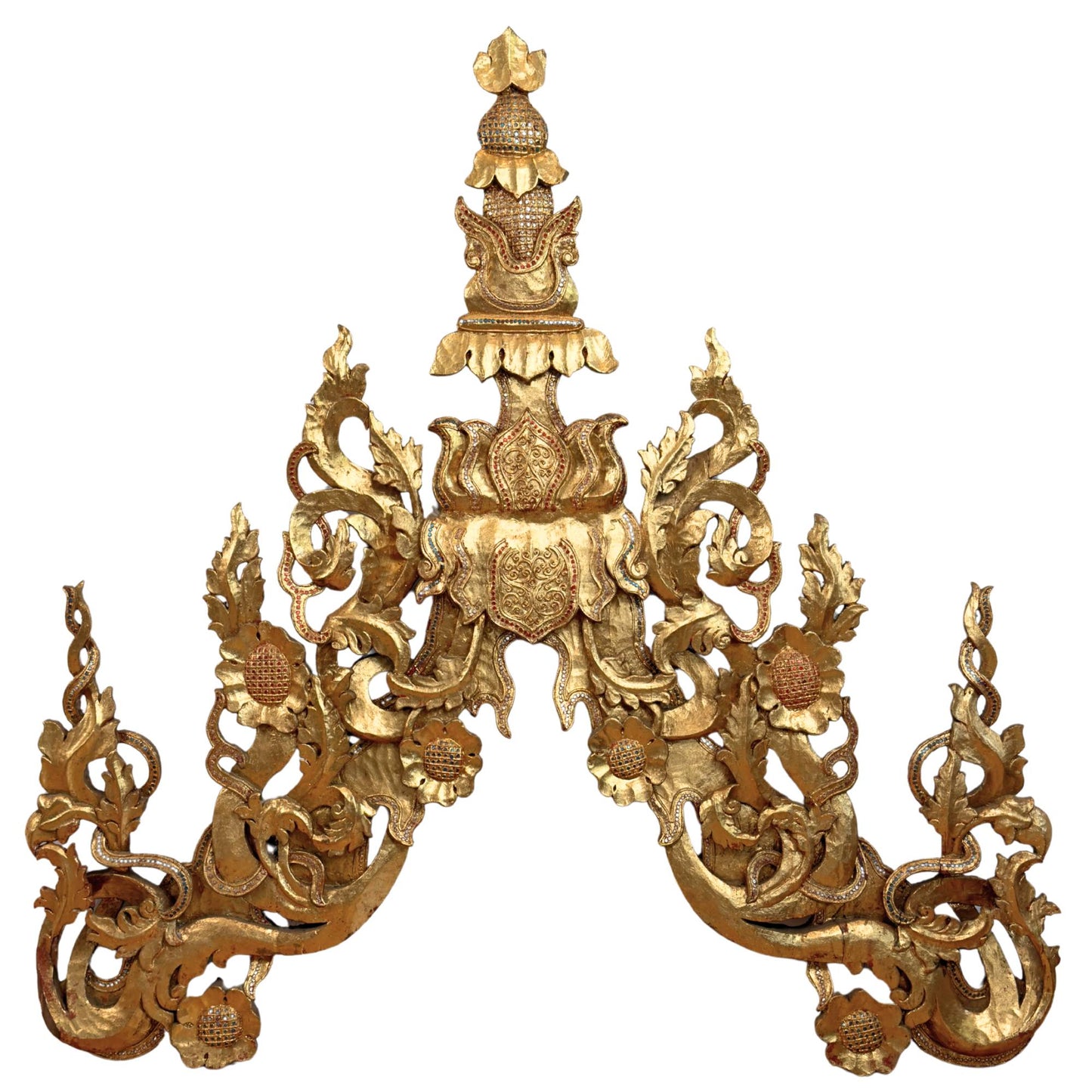 Monumentaler burmesischer Tempelgiebel-Ensemble (5-teilig, ca. 200 cm hoch) – Mandalay-Stil (ca. 1900)