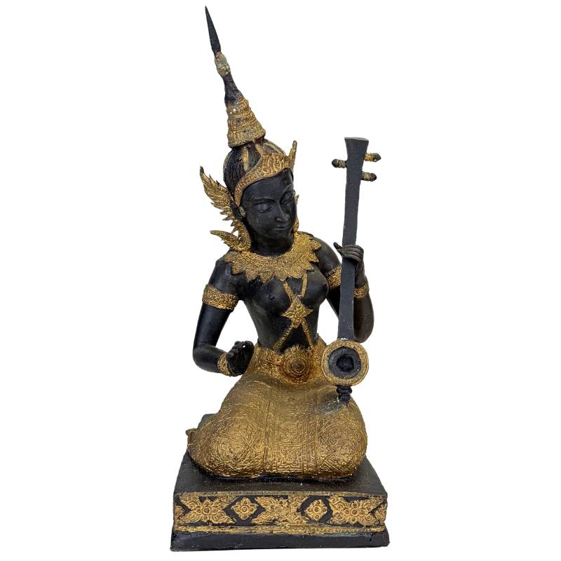 Thailändischer Musiker Statue Bronze – Gold Schwarz Patina Tempelfigur