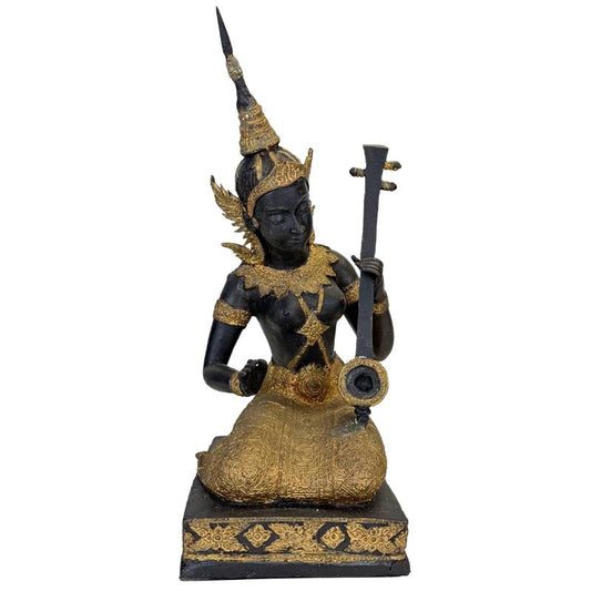 Thailändischer Musiker Statue Bronze – Gold Schwarz Patina Tempelfigur