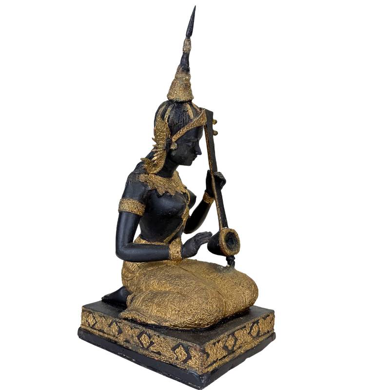 Thailändischer Musiker Statue Bronze – Gold Schwarz Patina Tempelfigur