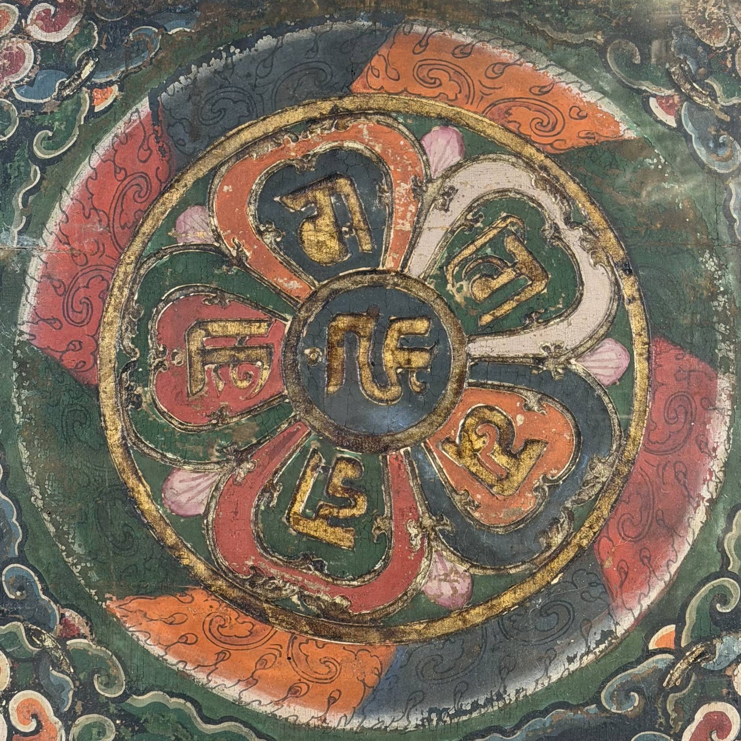 61x65 cm Antikes tibetisches Thangka Mandala | Ranjana Mantra | 9 kg Wandkunst