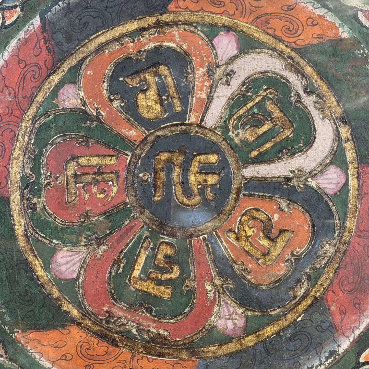 61x65 cm Antikes tibetisches Thangka Mandala | Ranjana Mantra | 9 kg Wandkunst