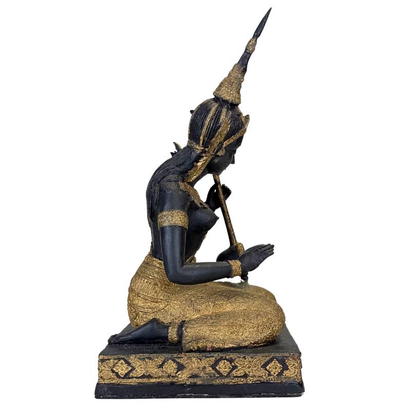 Thailändischer Musiker Statue Bronze – Gold Schwarz Patina Tempelfigur