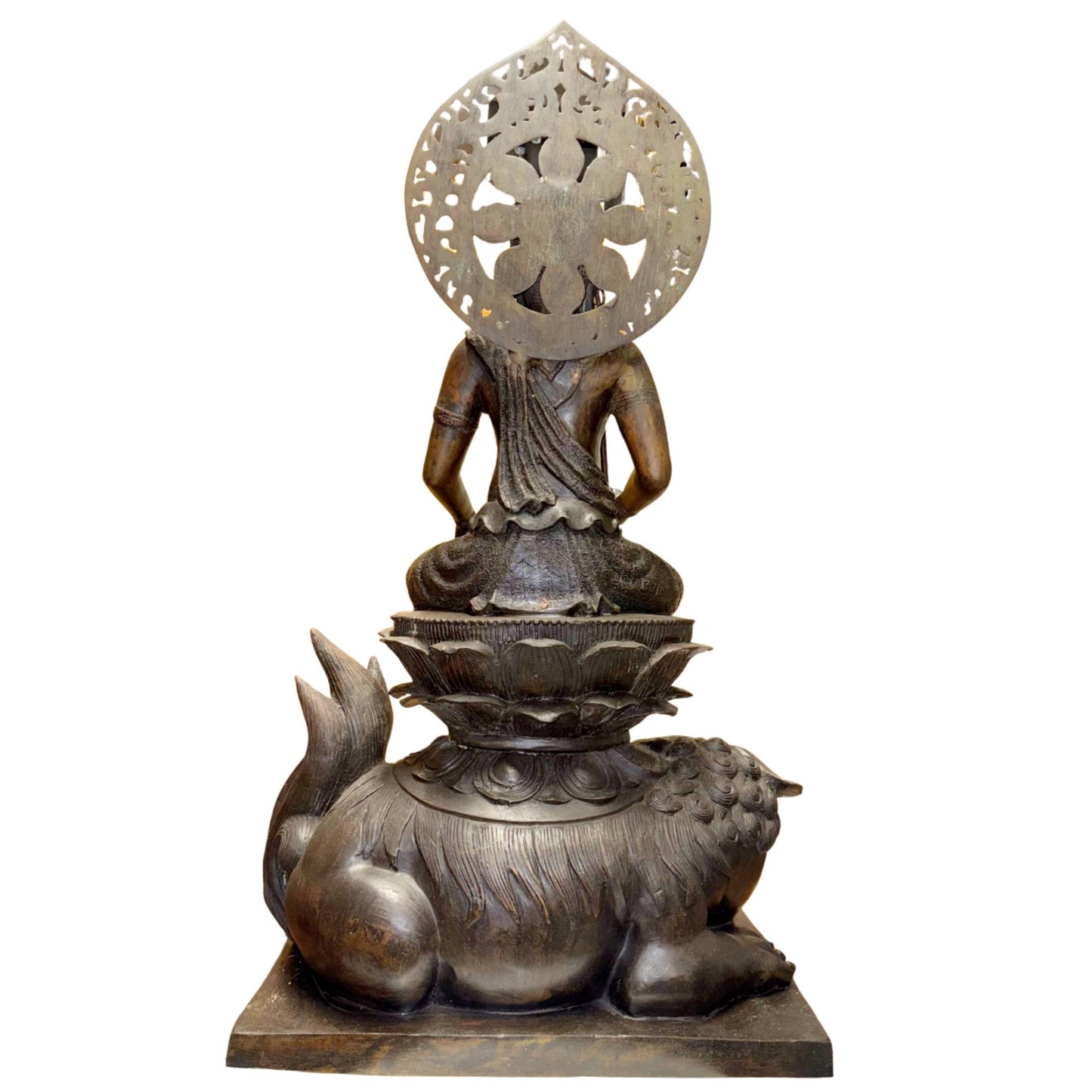 Monumentale Bronze Wenshu Pusa Skulptur auf Löwe – Chinesischer Manjushri Bodhisattva – Späte Qing / Frühe Republik – 94.5 cm