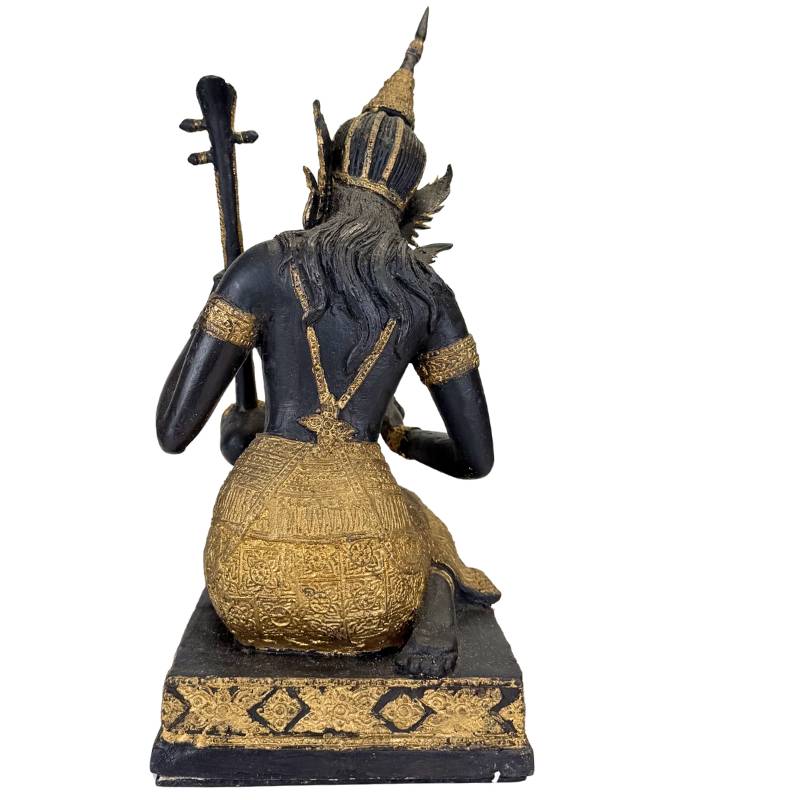 Thailändischer Musiker Statue Bronze – Gold Schwarz Patina Tempelfigur