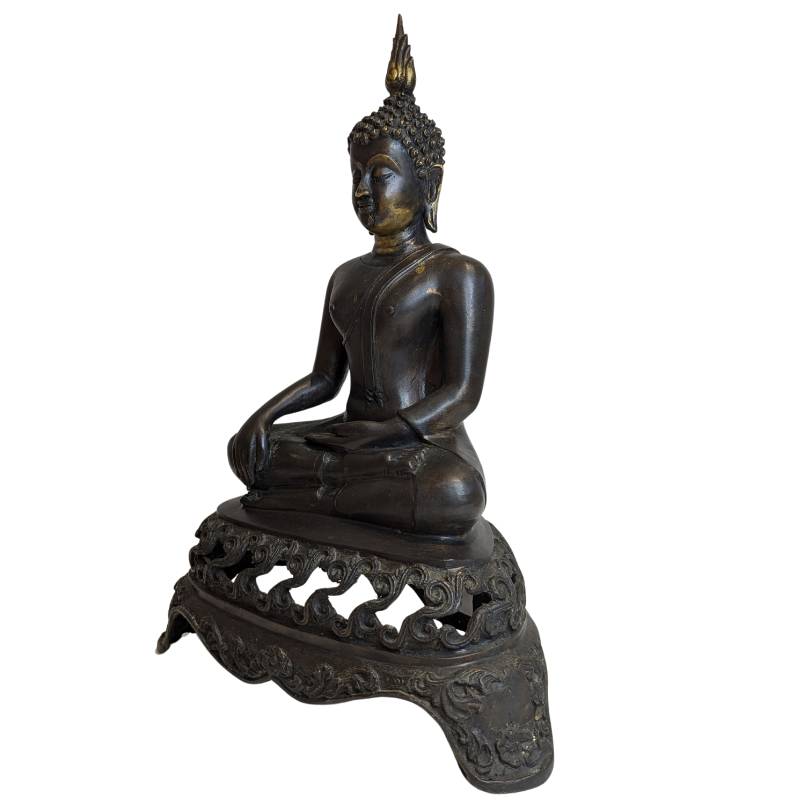 Antike sitzende Buddha-Statue aus Bronze mit Bhumisparsha-Mudra, Südostasien, Ende des 19. Jahrhunderts