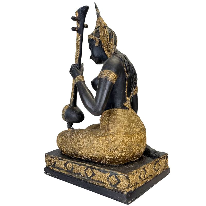 Thailändischer Musiker Statue Bronze – Gold Schwarz Patina Tempelfigur