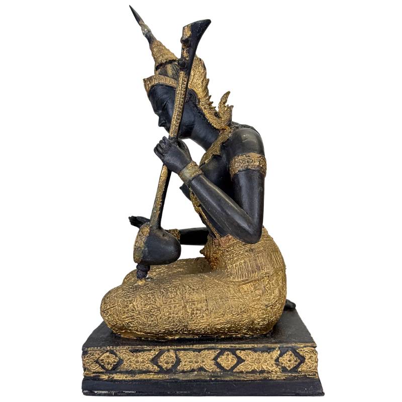 Thailändischer Musiker Statue Bronze – Gold Schwarz Patina Tempelfigur