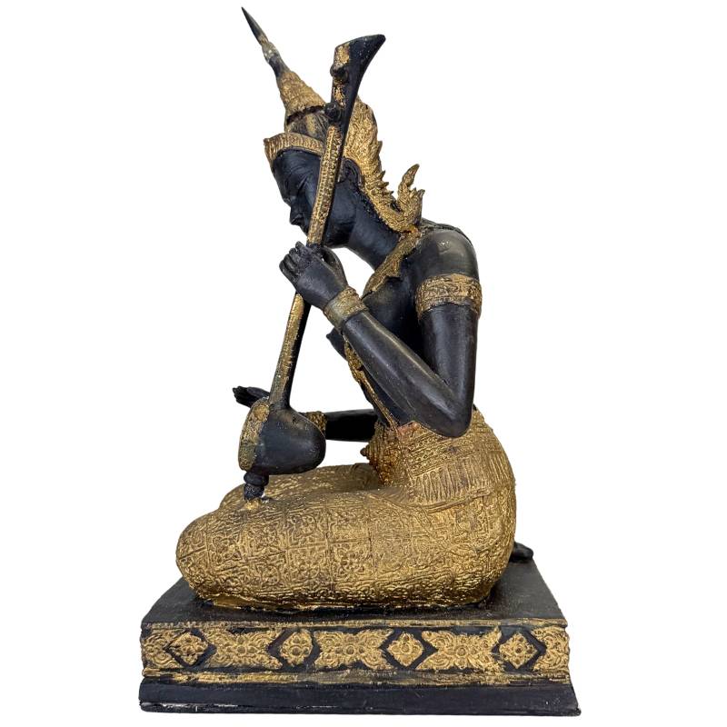 Thailändischer Musiker Statue Bronze – Gold Schwarz Patina Tempelfigur