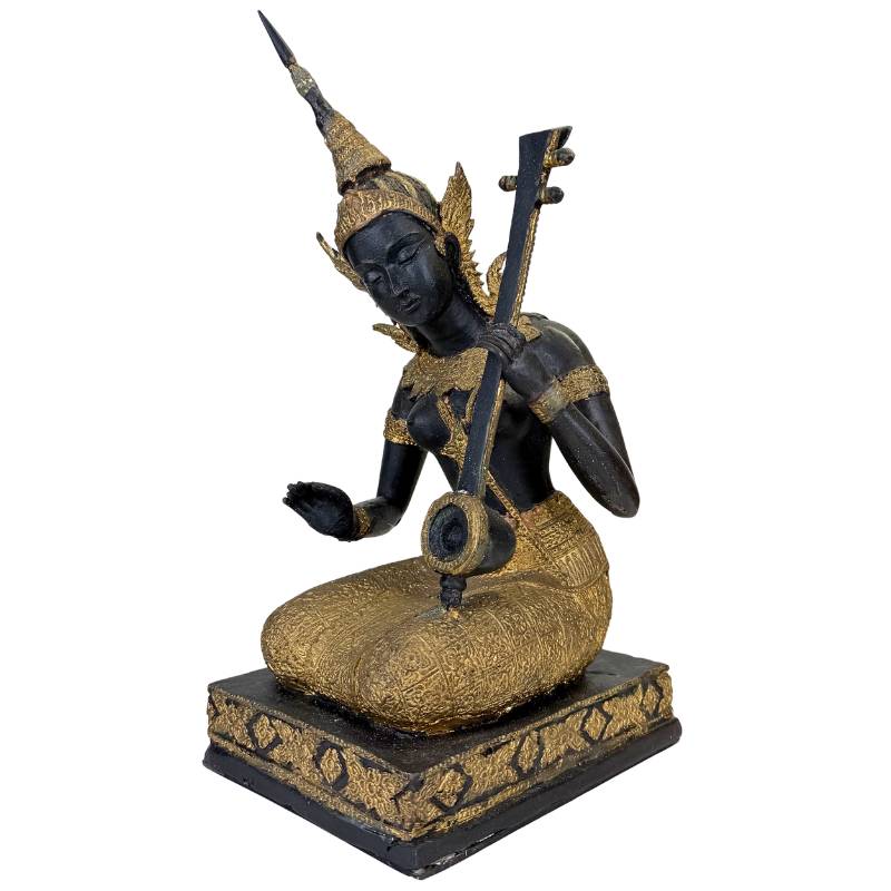 Thailändischer Musiker Statue Bronze – Gold Schwarz Patina Tempelfigur