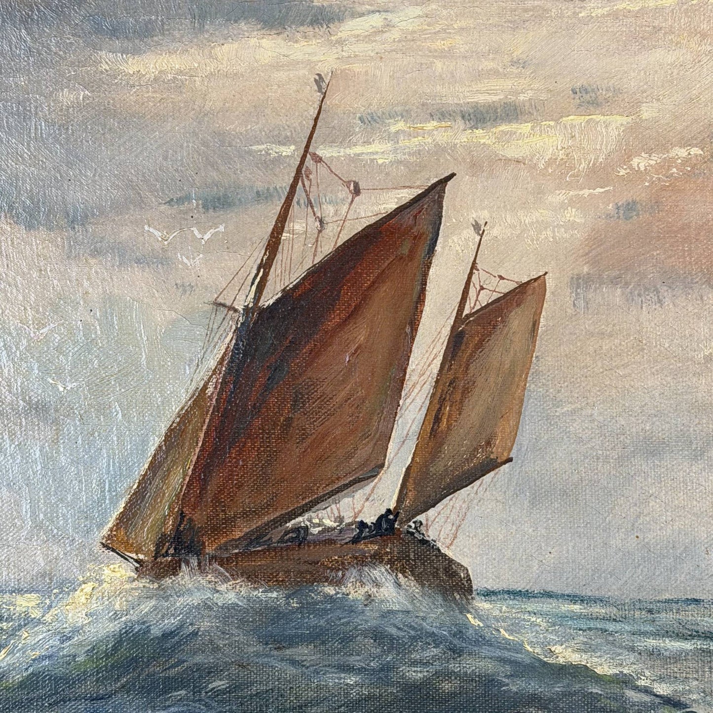 Antiek maritiem olieverfschilderij op doek van 53x63 cm door R. Doorn van een vissersschip op zee, perfect als exclusieve muurkunst.