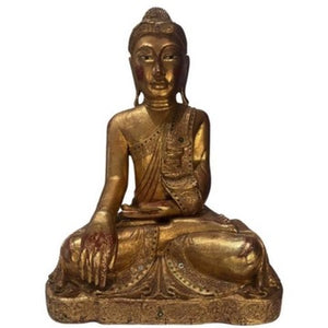 Große burmesische Mandalay-Buddha-Statue – Holz mit Blattgold und eingelegten Augen, ca. 1850–1900
