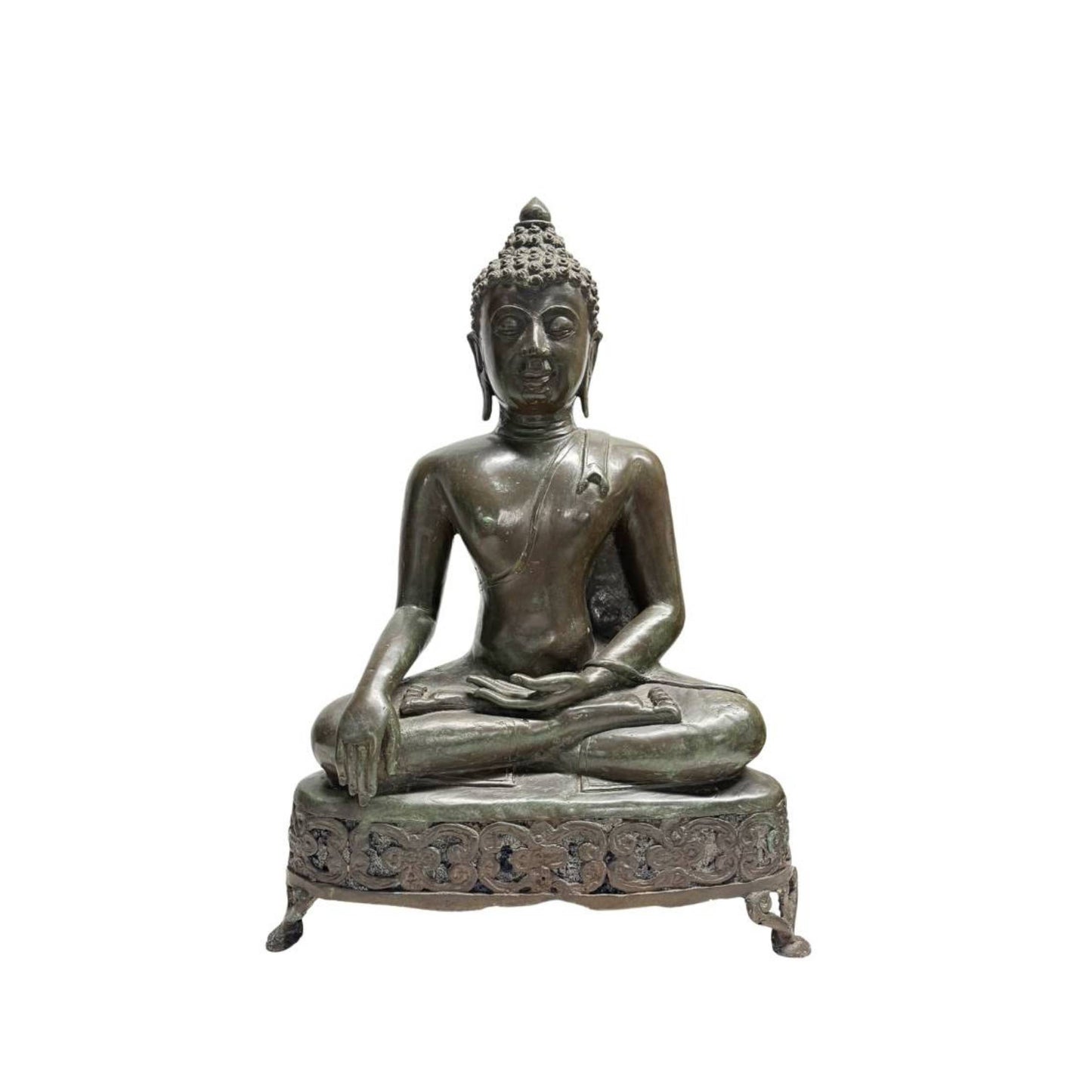 Monumentaler bronzegossener Shakyamuni Buddha aus dem 19. Jahrhundert auf durchbrochenem Altarthron – Lanna / tibetischer Stil (52 cm)