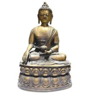 Nepalesische, feuervergoldete Buddha-Statue aus Bronze auf einem doppelten Lotusthron, 18. bis frühes 19. Jahrhundert