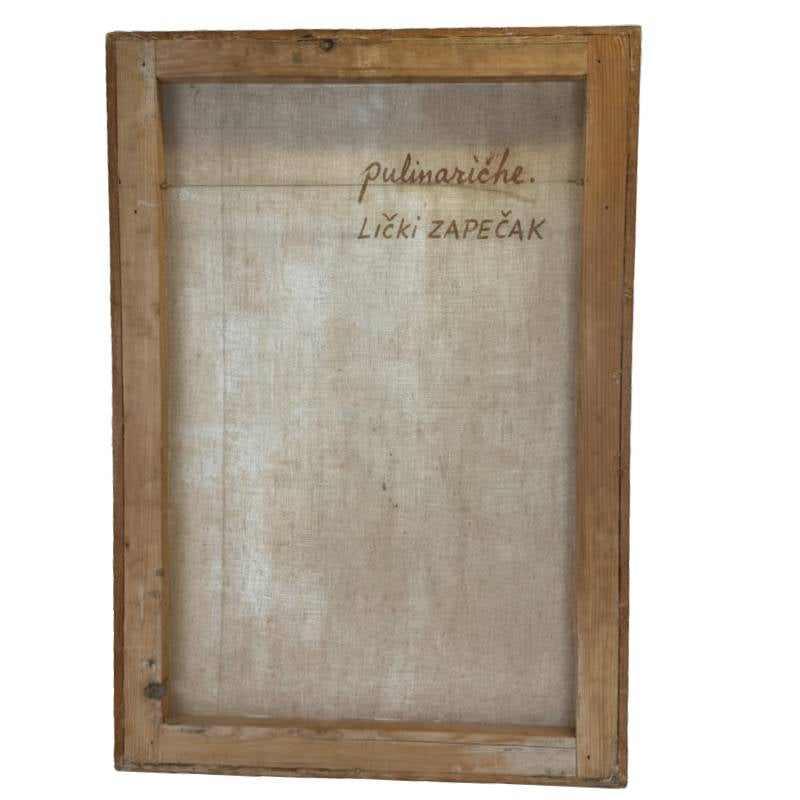 Verticaal olieverfschilderij van een historisch Kroatisch interieur uit de Lika regio, geschilderd door Pavao Mlinarić.