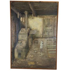 Pavao Mlinarić – „Lički Zapećak“ – Großes Ölgemälde auf Leinwand (Kroatische Naive Kunst)