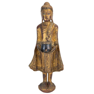 Antike burmesische stehende Buddha-Statue aus dem 19. Jahrhundert – vergoldetes Holz mit Almosenschale (77 cm)
