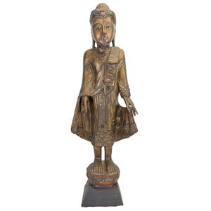 Antike birmanische stehende Buddha-Statue aus dem 19. Jahrhundert – mit Glaseinlagen