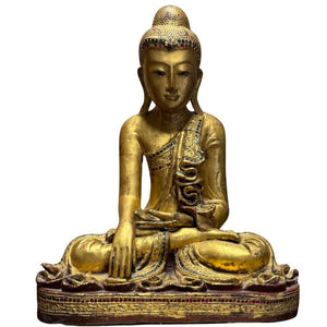 Antike birmanische Mandalay-Buddha-Statue – Vergoldetes Holz mit Glasmosaik – Bhumisparsha Mudra – ca. 1880–1920