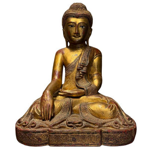 Antike burmesische Mandalay Buddha-Statue – Vergoldetes Holz mit Intarsien-Augen – Myanmar ca. 1880–1920