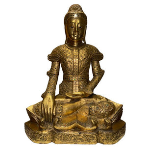 Antike burmesische Mandalay-Buddha-Statue – vergoldetes Holz mit Glaseinlagen – Myanmar ca. 1880–1920