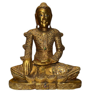 Antike burmesische Mandalay-Buddha-Statue – Vergoldetes Holz mit Glasdekor – Myanmar ca. 1880–1920