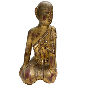 Antike burmesische Mönchsstatue – Handgeschnitztes Teakholz mit Blattgold – 26 cm