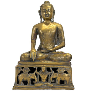 Antiker bronzener Buddha mit durchbrochenem Elefantensockel 34cm