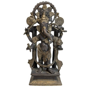 Antike, schwere, stehende Ganesha-Figur aus Bronze mit Heiligenschein und Feuervergoldung – Himalaya