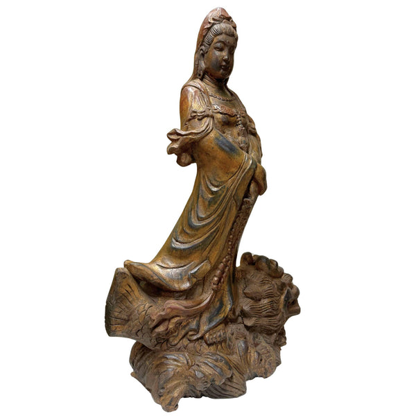 Monumentale antike hölzerne Guanyin auf Drachen - 81 cm - Qing-Dynastie