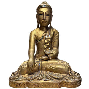 Antiker vergoldeter Holz-Mandalay-Buddha – Birma – 35 cm – 2,6 kg