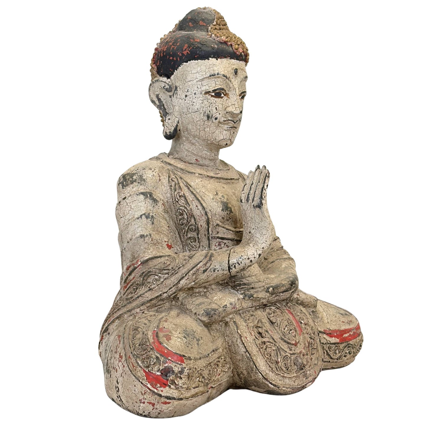 Seltener gekrönter burmesischer Buddha mit historischen Thayo-Lackpastenornamenten entlang der Gewandlinien