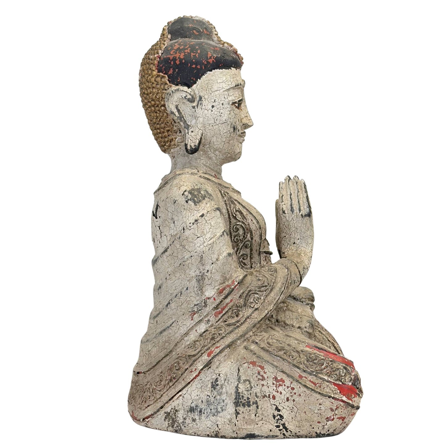 Gekrönter Jambupati-Buddha in sitzender Position, aus einem massiven monolithischen Kern aus burmesischem Teakholz geschnitzt.
