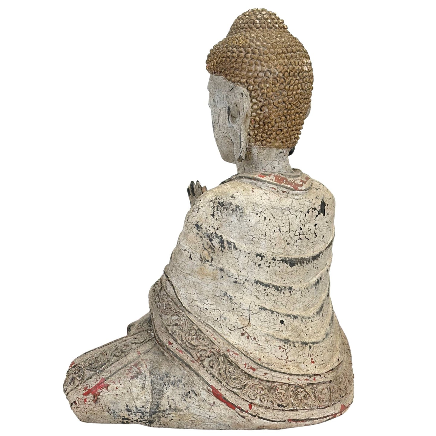 Detail des Buddha-Kopfes mit der asymmetrischen Erosion an den Ushnisha-Schädelknöpfen und Überresten der königlichen Krone.