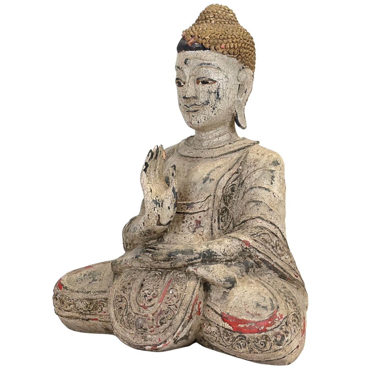 Detail der elegant erhobenen rechten Hand in der Vitarka-Mudra der Lehre und spirituellen Diskussion