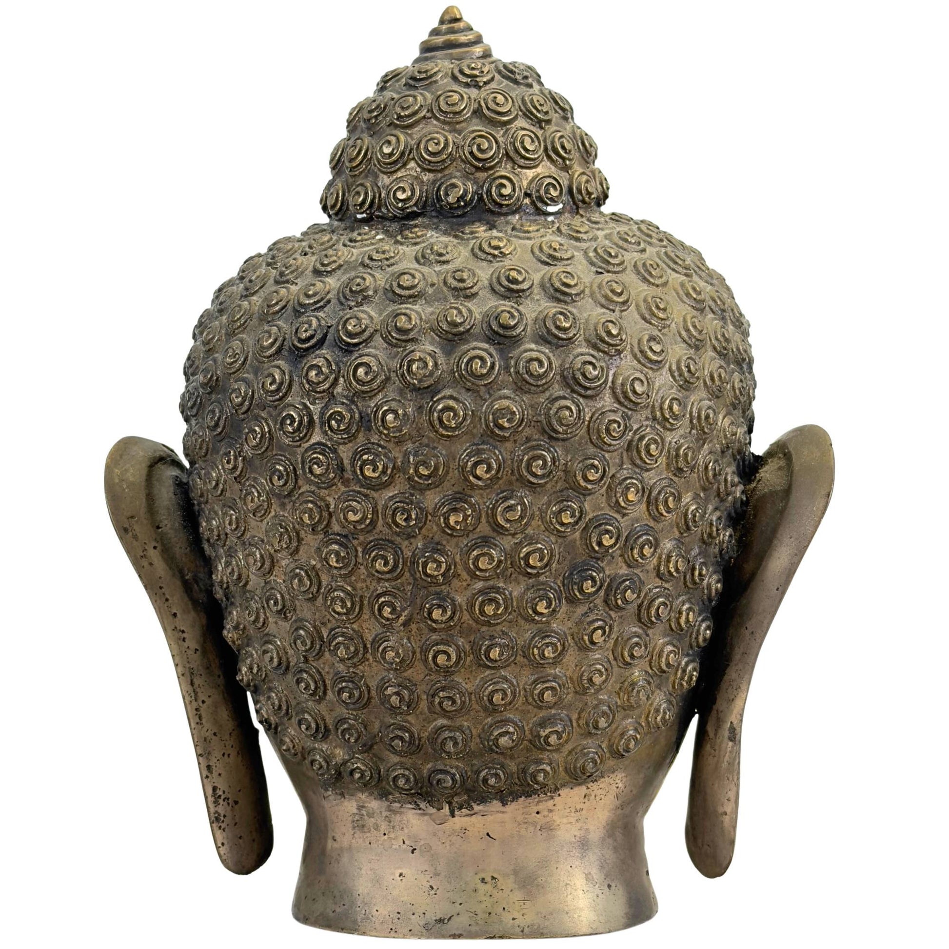 Rückansicht des Buddha-Kopfes aus Messing und Bronze mit der undurchsichtigen Struktur der spiralförmigen Haarlocken.