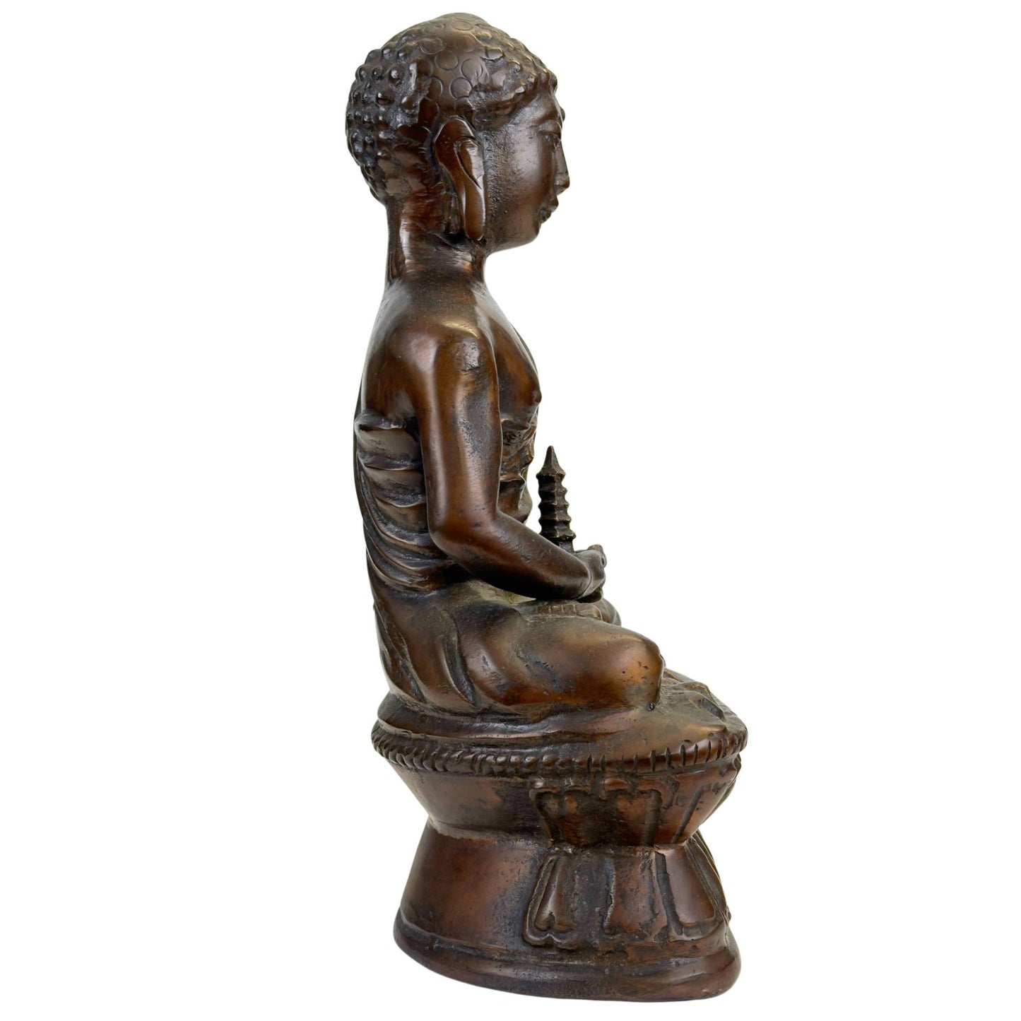 Antieke bronzen Boeddha met pagodevormig attribuut, 28 cm hoog en 4,2 kg zwaar