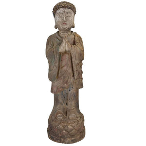 Chinesische Holz-Buddha-Statue mit originaler Polychromie und Vergoldungsresten.