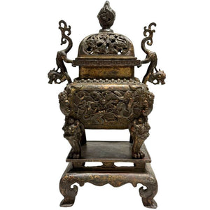 Antike chinesische Bronze-Fangding-Räuchergefäß mit Sockel – 3-teiliges Set – Späte Qing-Dynastie (29,5 cm)