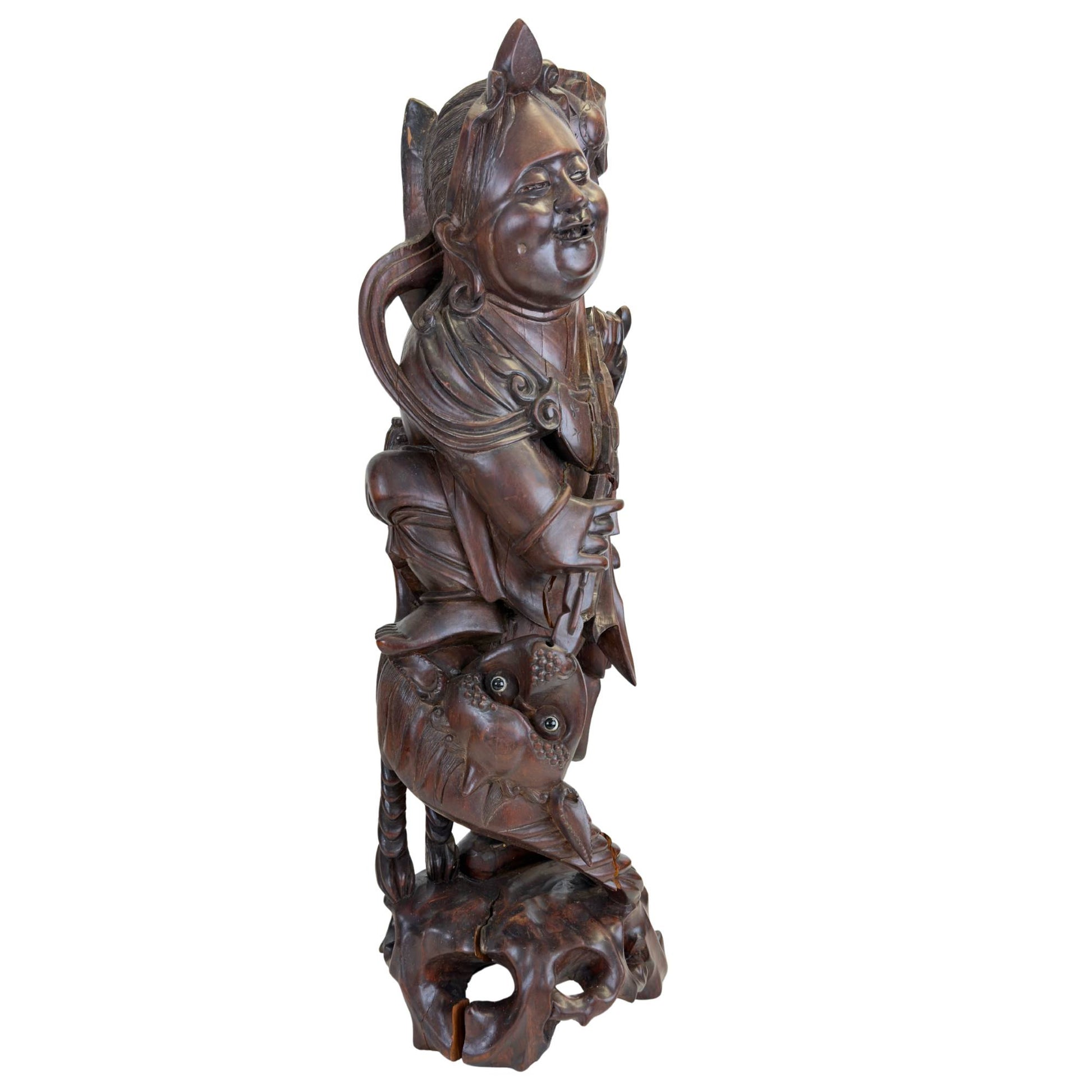 Authentische Ebisu-Skulptur aus japanischer Tradition, gefertigt aus Massivholz