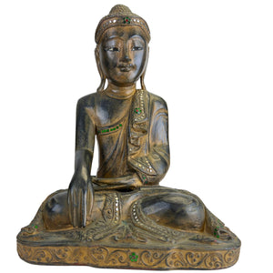 Antiker hölzerner Mandalay-Buddha mit Glaseinlagen, Myanmar, ca. 1880