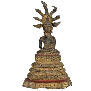 Antike vergoldete thailändische Naga-Buddha-Statue – Muchalinda-Schutz – 19 cm