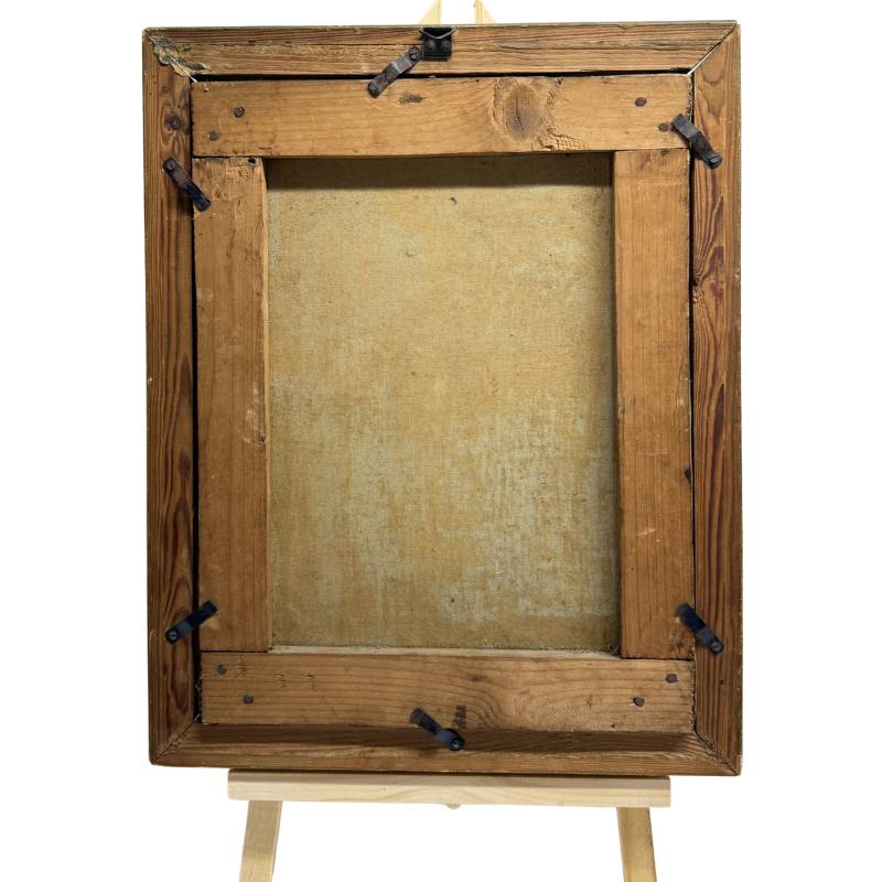 Achterzijde van het antieke schilderij van Rabbijn Zeitoun, tonend het geoxideerde linnen canvas en het authentieke houten spieraam uit het begin van de 20e eeuw.