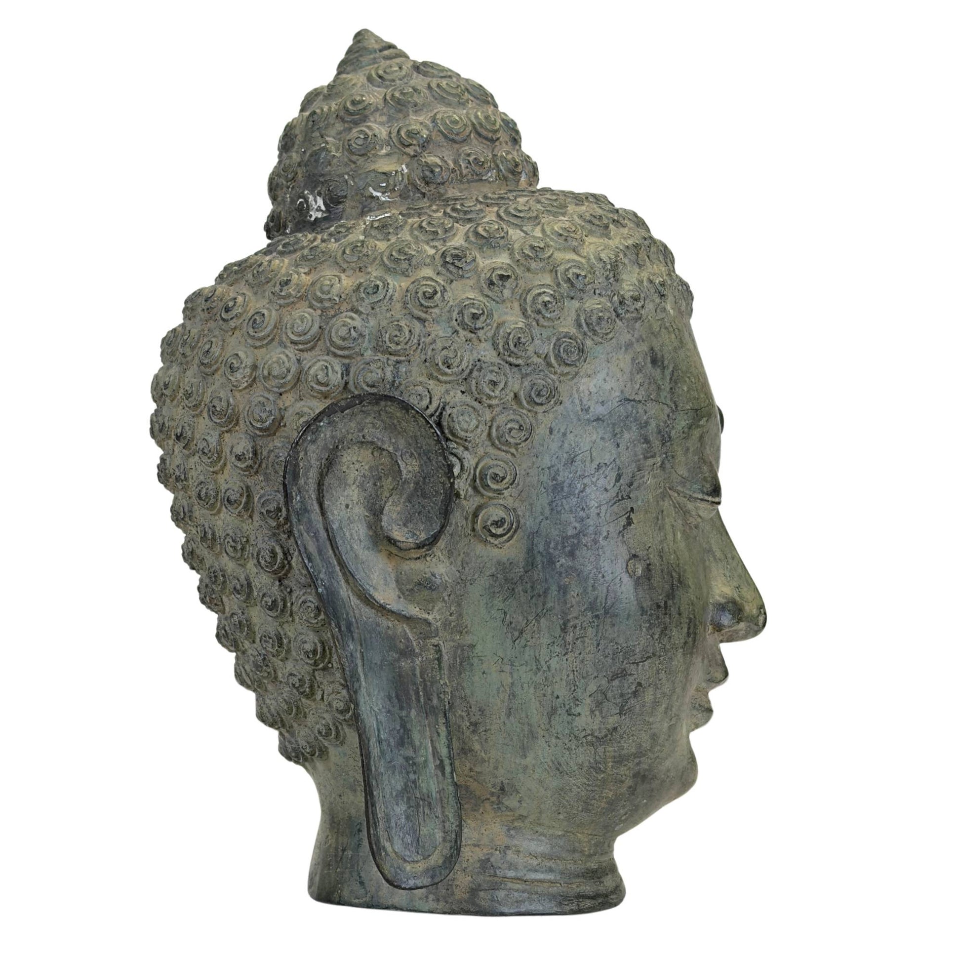 Aziatisch Boeddha hoofd van brons met natuurlijke groen-grijze patina